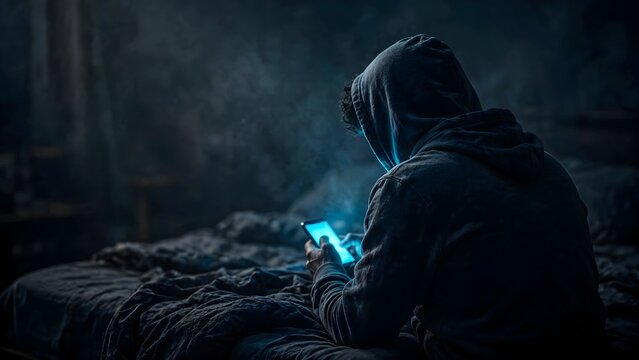 Cinematic Back View of Person Sitting Alone on Bed Edge in Dark Room with Cold Cyan Phone Glow