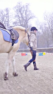 Person going with horse in to manege for riding training