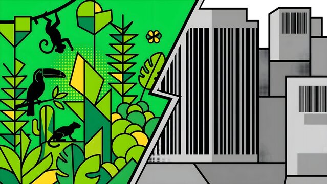 Minimalist Pop Art Transition from Green Jungle with Geometric Plants and Animal Silhouettes to Barcode and Rigid Concrete Structures
