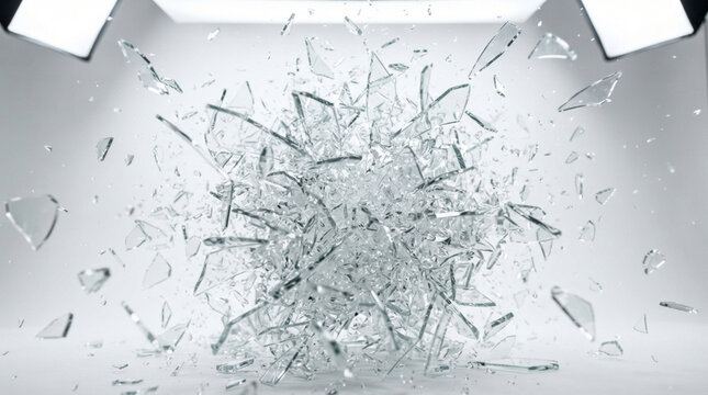 High-speed shot of transparent glass shattering into tiny sharp shards and fragments exploding in mid-air against a studio background with lighting softboxes.