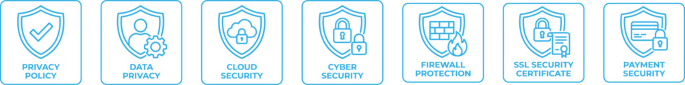 Set of blue line icons representing various cybersecurity and data protection concepts for digital business and technology websites