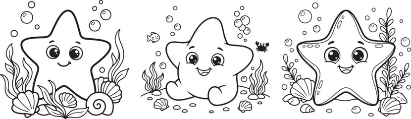 Obraz premium Three Whimsical Cartoon Sea Stars with Playful Faces Floating Amidst Bubbles, Seaweed, and Shells in Black and White Line Art Style