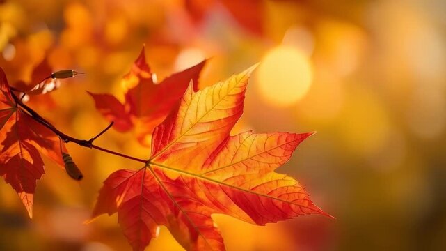 Autumn Maple Leaf Branch Glowing in Warm Golden Sunlight Among Foliage