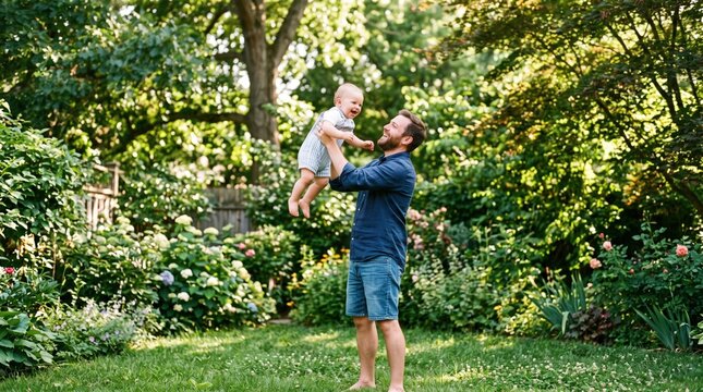 Father lifting happy baby son in a lush green garden during a sunny summer day
