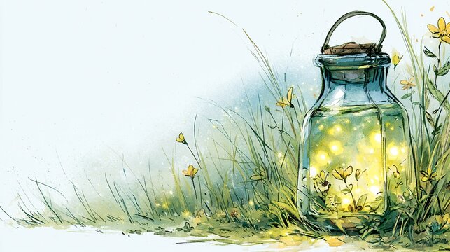 Filled with glowing fireflies and spring flowers. ethereal meadow. whimsical watercolor. soft lighting. clear space on left side