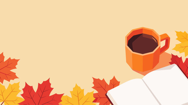Cozy autumn morning illustration featuring orange coffee mug and open book surrounded by falling colorful maple leaves