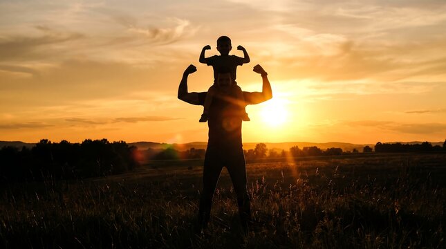 Silhouette of a father carrying his young son on his shoulders while flexing muscles at sunset with carrying small child