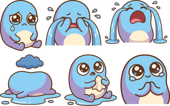 Adorable collection of bean-shaped mascot character illustrations expressing profound sadness and various stages of crying, ideal for conveying emotional depth in creative projects
