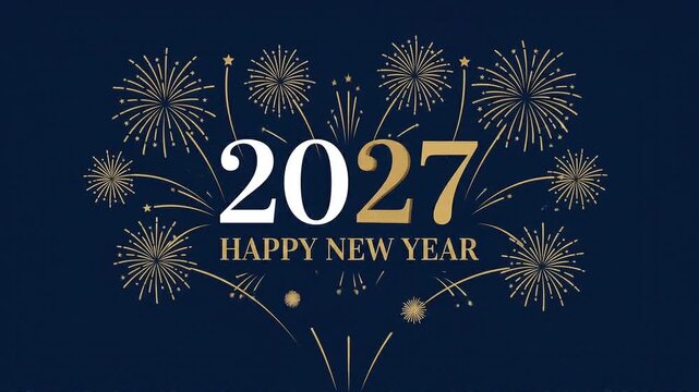 2026 to 2027 Happy New Year transition animation with golden fireworks on dark blue background