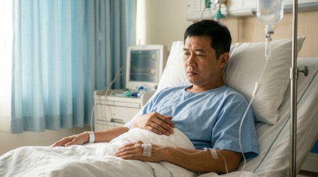 Patient Recovers In Hospital Bed With Intravenous Drip And Medical Monitor