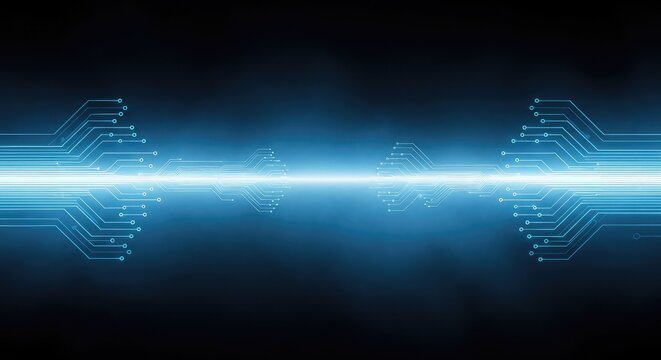 A dark futuristic background featuring glowing blue circuit patterns and digital light paths emerging through thick layers of ethereal fog, circuitry, mist, light