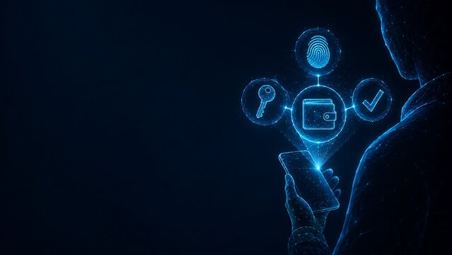 Glowing digital network interface with central wallet icon and surrounding functional symbols. digital wallet security technology protection. digital wallet security
