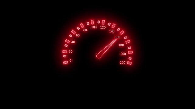 Glowing speedometer on a black background with the needle near animation
