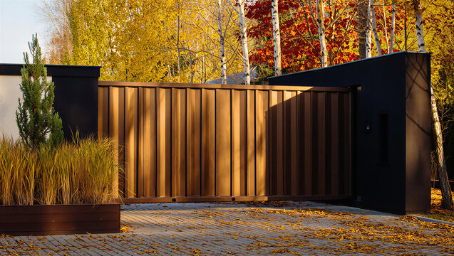 Automatic sliding gate at modern home entrance in fall with entrance security property driveway