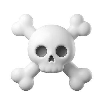 White 3D skull and crossbones warning icon on white background with 3D icon death sign eye sockets isolated