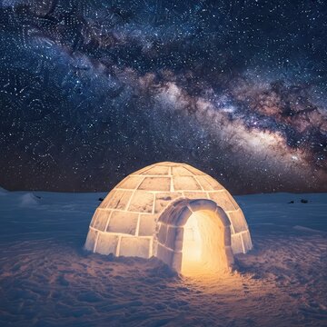 A glowing snow igloo sits nestled in a frozen landscape beneath a vibrant canopy of twinkling stars and soft celestial radiance at night, architecture, blue, serene