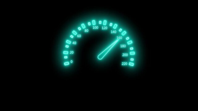 Glowing speedometer on a black background with the needle near animation