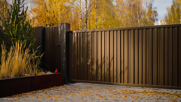 Closed dark brown corrugated metal sliding security gate with corrugated security driveway