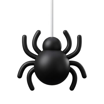 3D Creepy black toy spider hanging on a white thread isolated on a plain background with arachnid