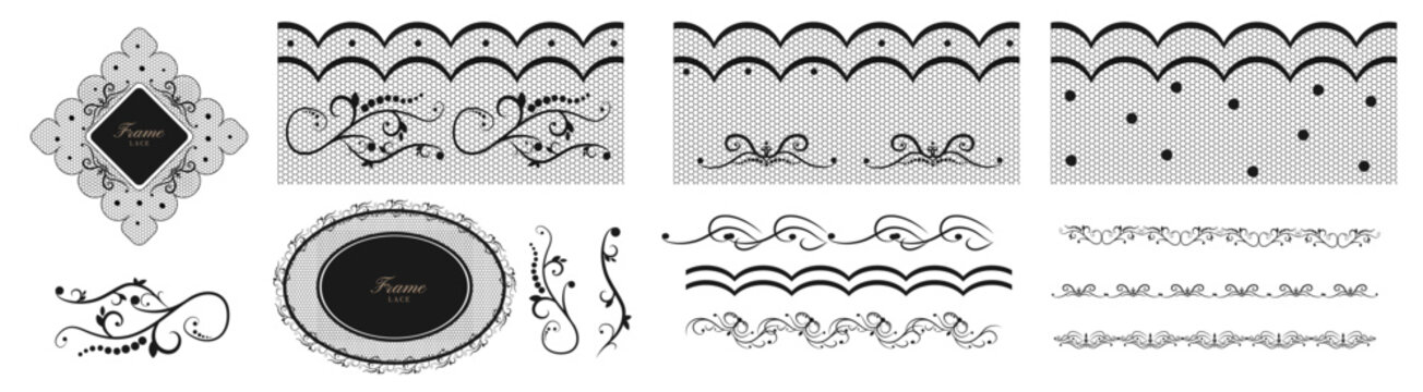 Lace border and frame set. Horizontal vector collection of ornate black crochet lace trims, scalloped edges, and geometric frames with floral mesh details for wedding stationery and print design.