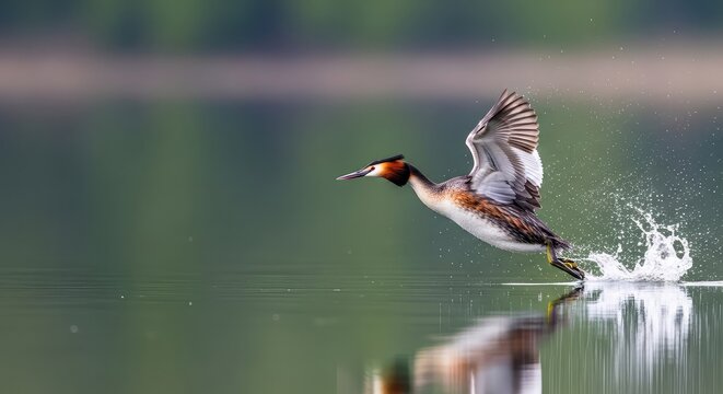 A majestic great crested grebe flies low over the calm surface of a freshwater lake, its wings spread wide against a soft bokeh background, wild, waterfowl, horizontal