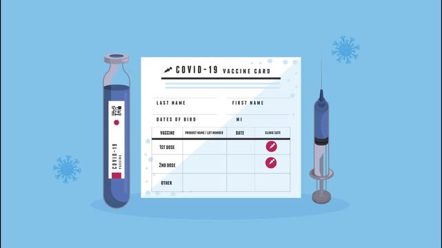 Covid-19 vaccine card shows completed first dose with vial and syringe.