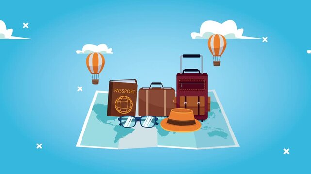 Animated travel flat design with luggage passport map and hot air balloons on blue sky background.