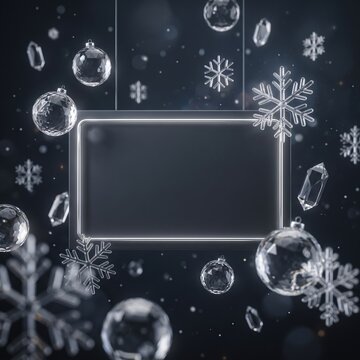 An empty glowing frame surrounded by crystal snowflakes and glass ornaments on a dark background, a winter holiday sale template.