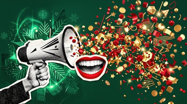 A hand holding a megaphone bursting with red and gold geometric shapes and holiday icons on a green background, a festive announcement collage.