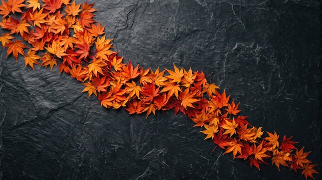 Vibrant red and orange maple leaves scattered diagonally across a dark textured stone surface, an autumn nature background concept.