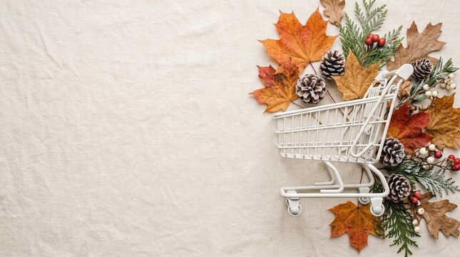 A small shopping cart surrounded by autumn leaves and frosted pinecones on a beige background with copy space, a fall sale concept.