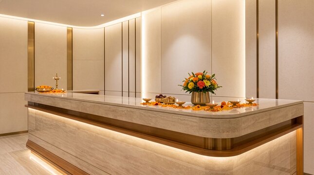 Sophisticated Modern Reception Desk With Elegant Diwali Decor