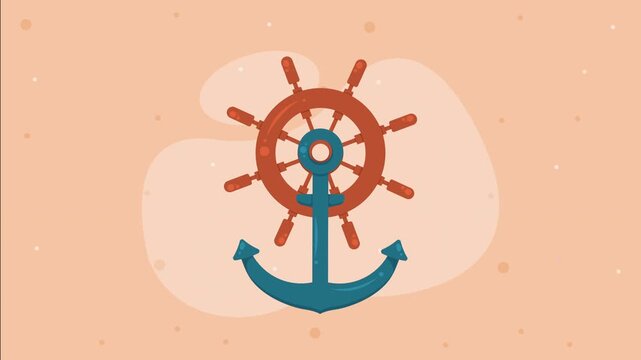 Nautical anchor and wooden ships wheel animation on orange background with floating bubbles in marine themed motion graphics.