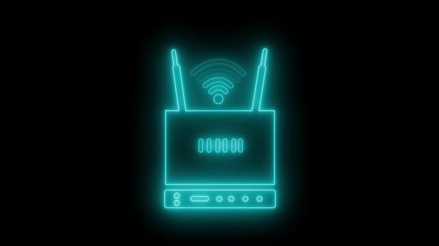 Glowing neon outline of a wireless router with antennas and wifi signal animation on a black background