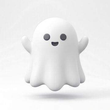 3D Cute white ghost character with a friendly smiling face floating on a white background
