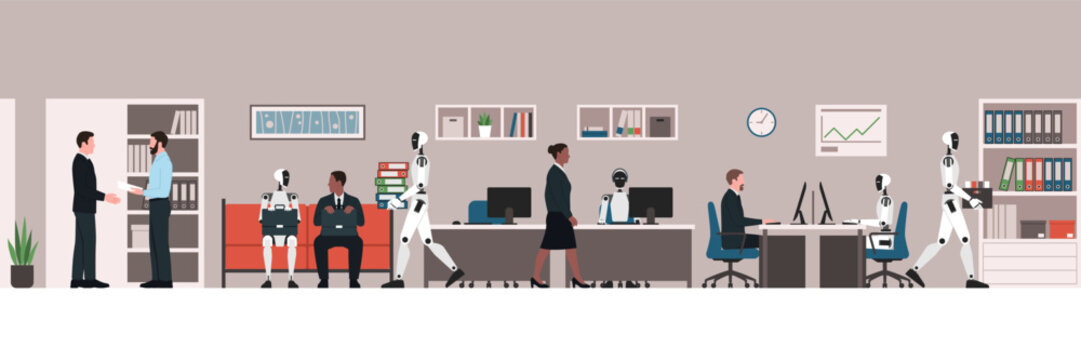 Office workers and AI humanoid robots working together