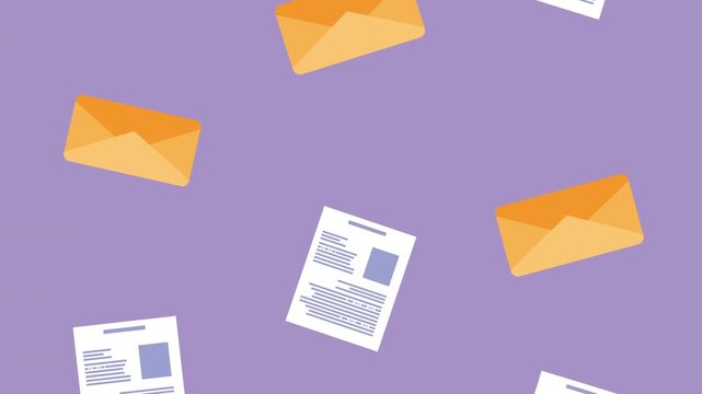 Animated envelopes and documents falling down on purple background motion graphic.