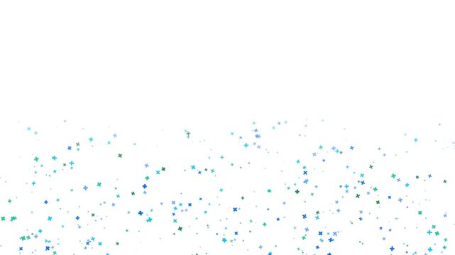 Blue and green medical cross particles floating up on a white background with empty space. This seamless motion graphic loop is perfect for health and pharmacy videos.
