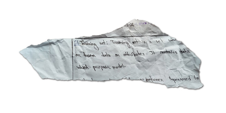 Crumpled white paper with handwritten machine learning notes on white isolated on a transparent background