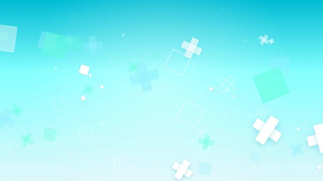 Abstract light blue gradient background with floating white medical cross and square particles. This seamless motion graphic loop is perfect for health and pharmacy videos.