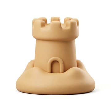 Sandcastle fortress tower with arched door and battlements sand tower beach toy white background 3D render