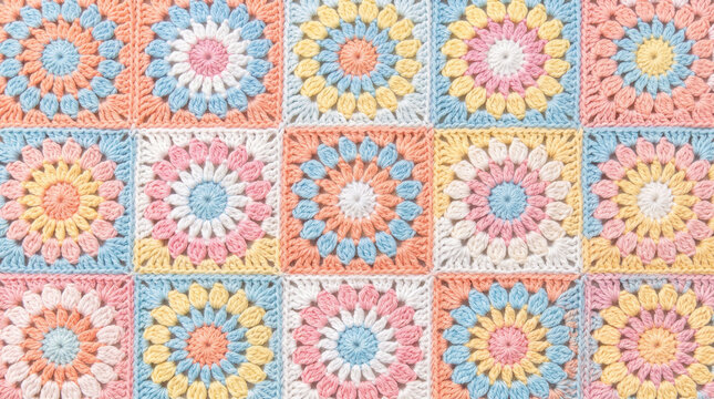 Crocheted granny squares in pastel colors with delicate floral patterns arranged in a grid for crafting backgrounds