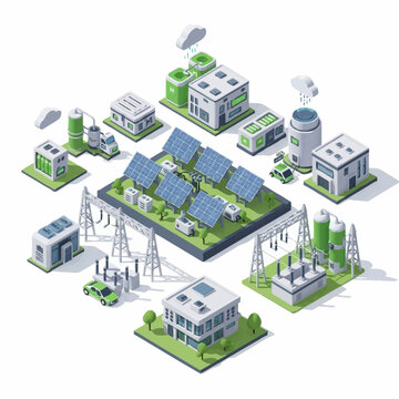 Isometric illustration of sustainable energy infrastructure and smart city.