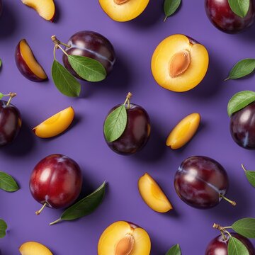 A vibrant seamless pattern featuring ripe whole plums and juicy slices set against a deep violet background with green leaves and stems, garden, illustration, produce