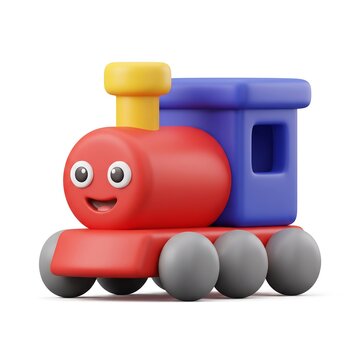 3D Cute cartoon toy train locomotive with friendly face red body blue cabin yellow smokestack and grey wheels