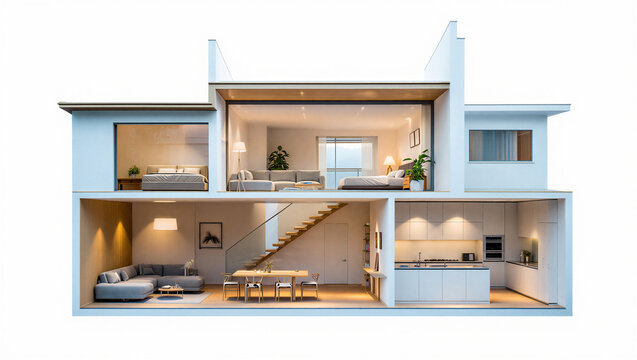 Modern house architectural cross section with interior room design real estate architecture