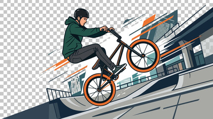 Naklejka premium Young man performs trick on BMX bike in urban skatepark, dynamic illustration