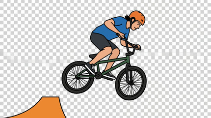 Naklejka premium Young person on bike jumping ramp, extreme sports, fun, action, outdoor, bmx freestyle