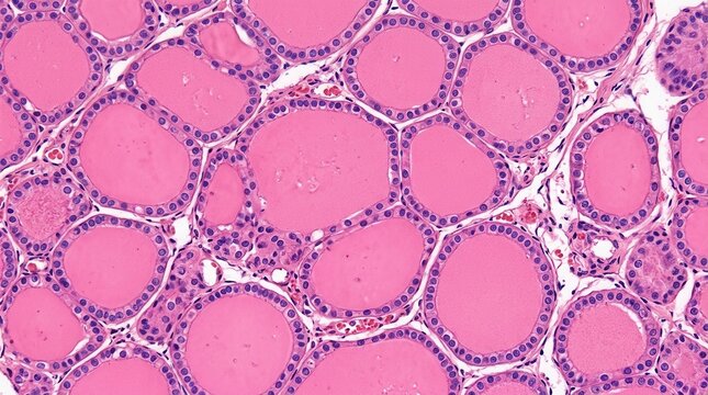Microscopic View Of Healthy Thyroid Gland Follicles And Colloid