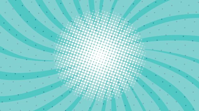 Animated teal comic style background with rotating sunburst rays and halftone pattern center dot.